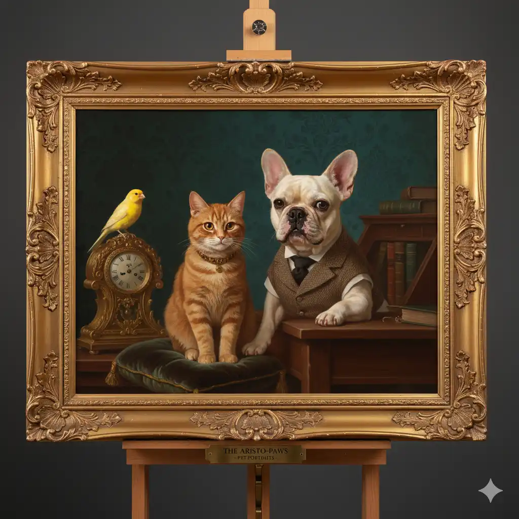 retrato grupal chafa de mascotas perro gato pajaro